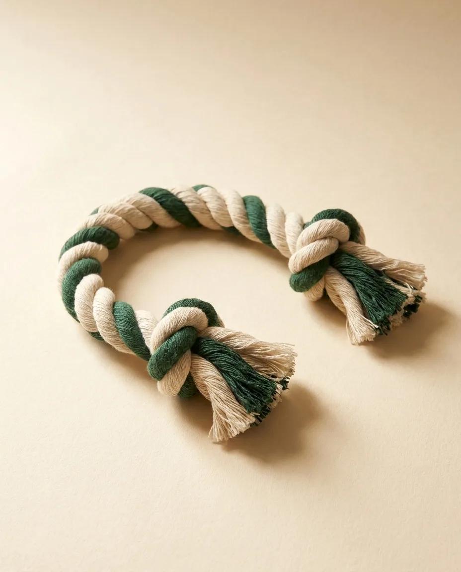 A cream and green braided rope toy