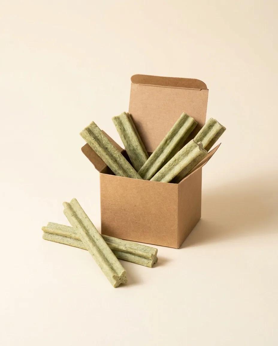 Green dental chews in a kraft box