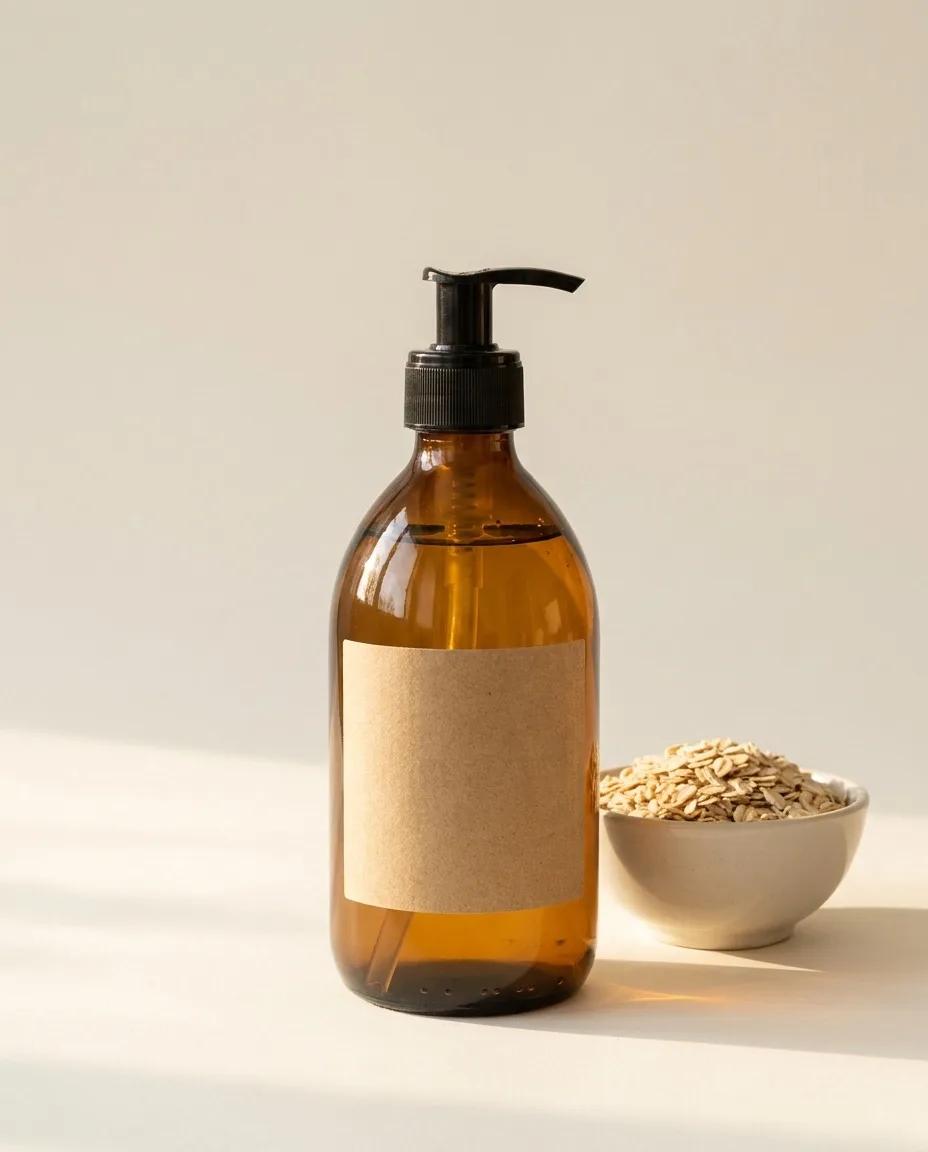 An amber pump bottle of oatmeal shampoo