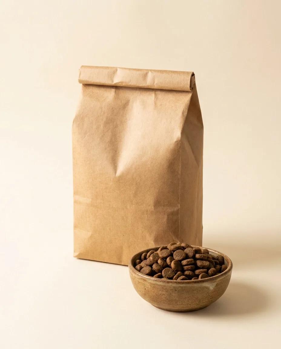 A kraft bag of lamb kibble with a bowl of kibble