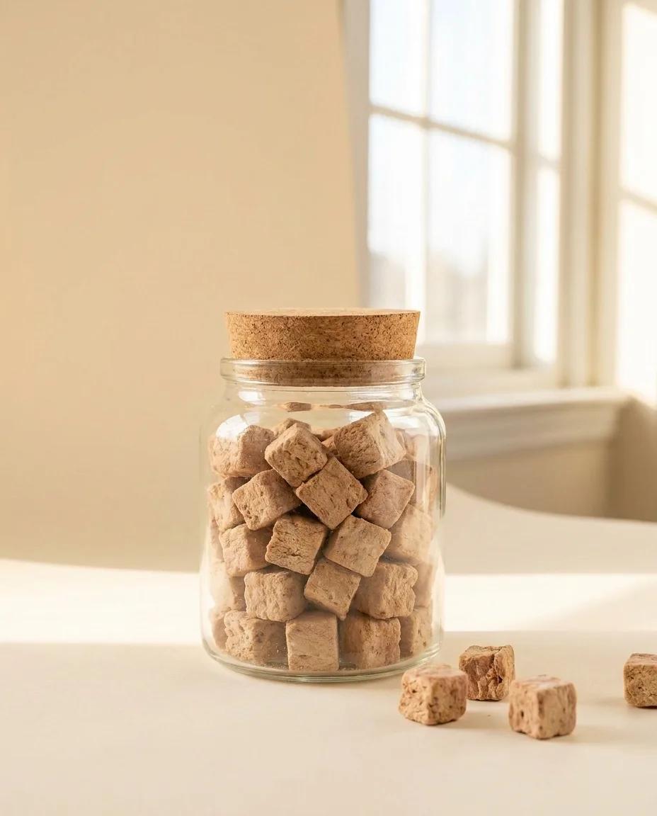 A glass jar of freeze-dried ostrich bites
