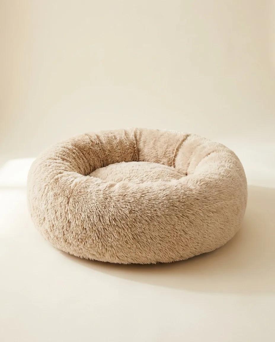A round oatmeal faux-fur dog bed