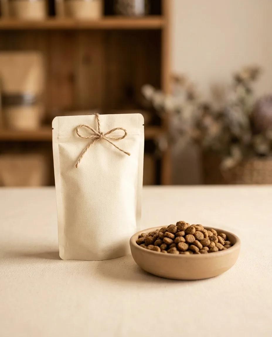 A cream bag of puppy kibble with a bowl