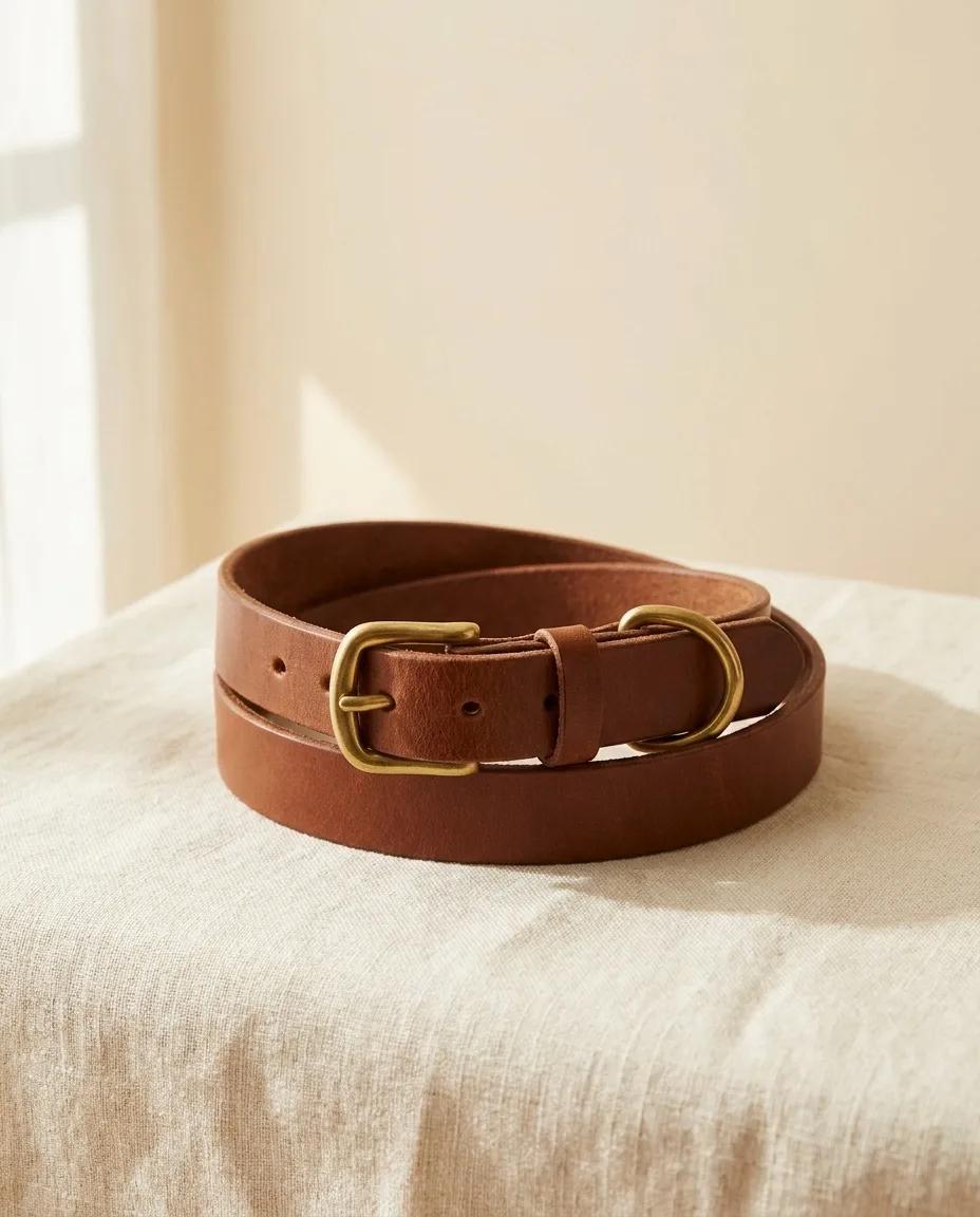 A brown leather collar with a brass buckle