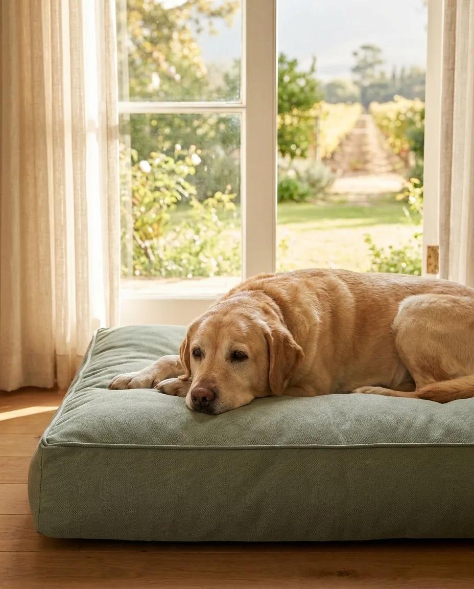 An older Labrador resting on a mattress bed