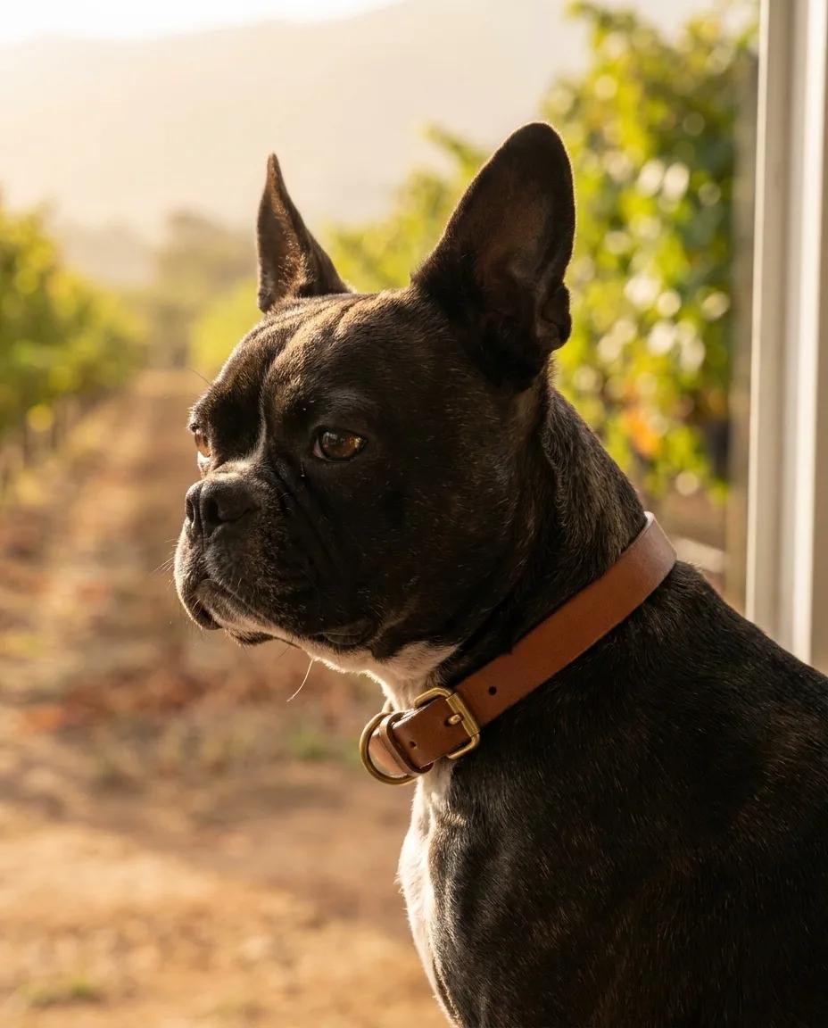 A dog wearing a brown leather collar