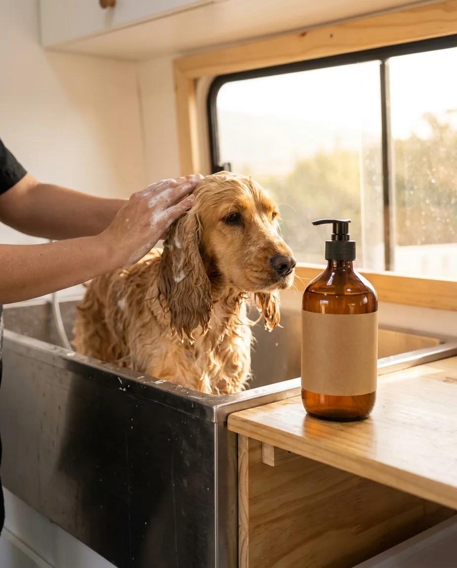 A spaniel being lathered in the grooming van