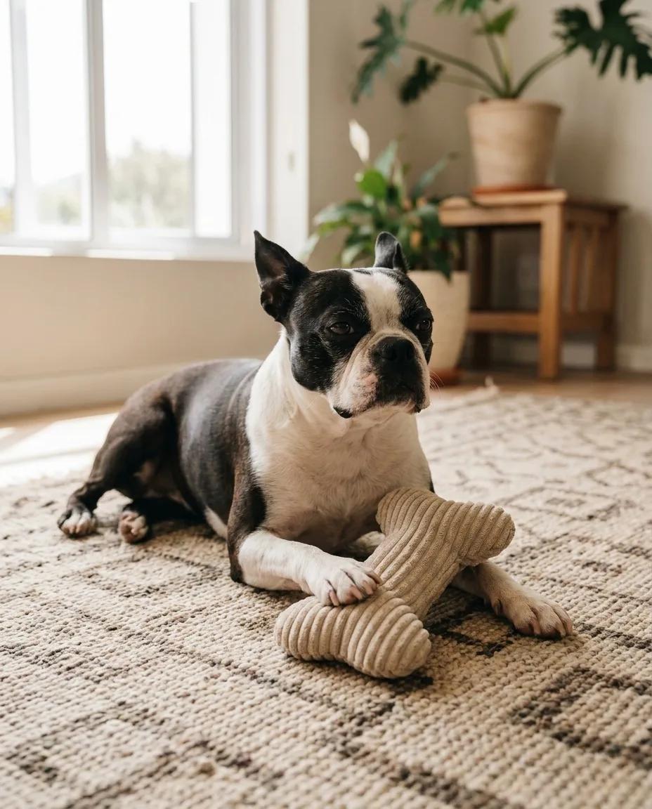 A Boston terrier holding a plush bone