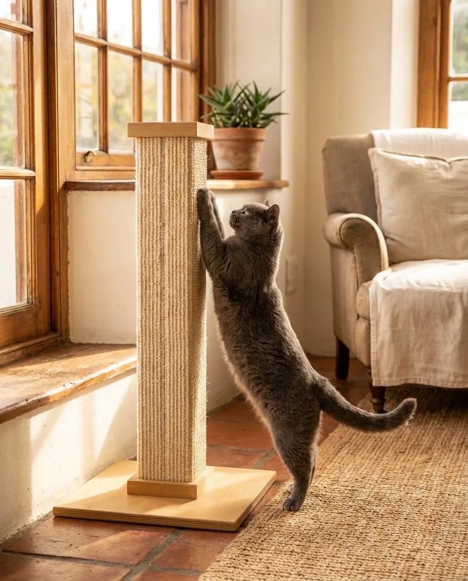 A grey cat stretching up a scratching post