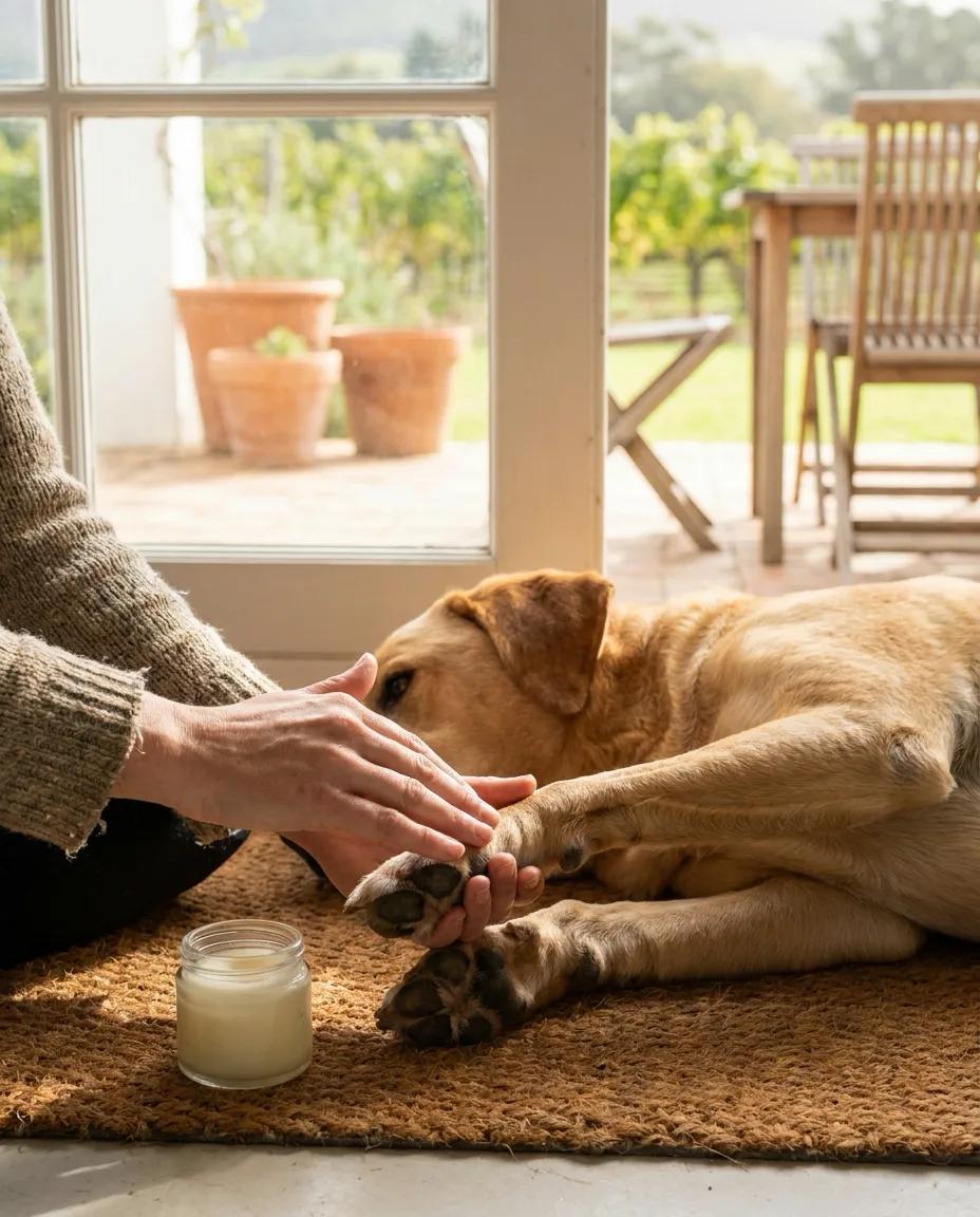 Paw balm being rubbed into a dog's pads