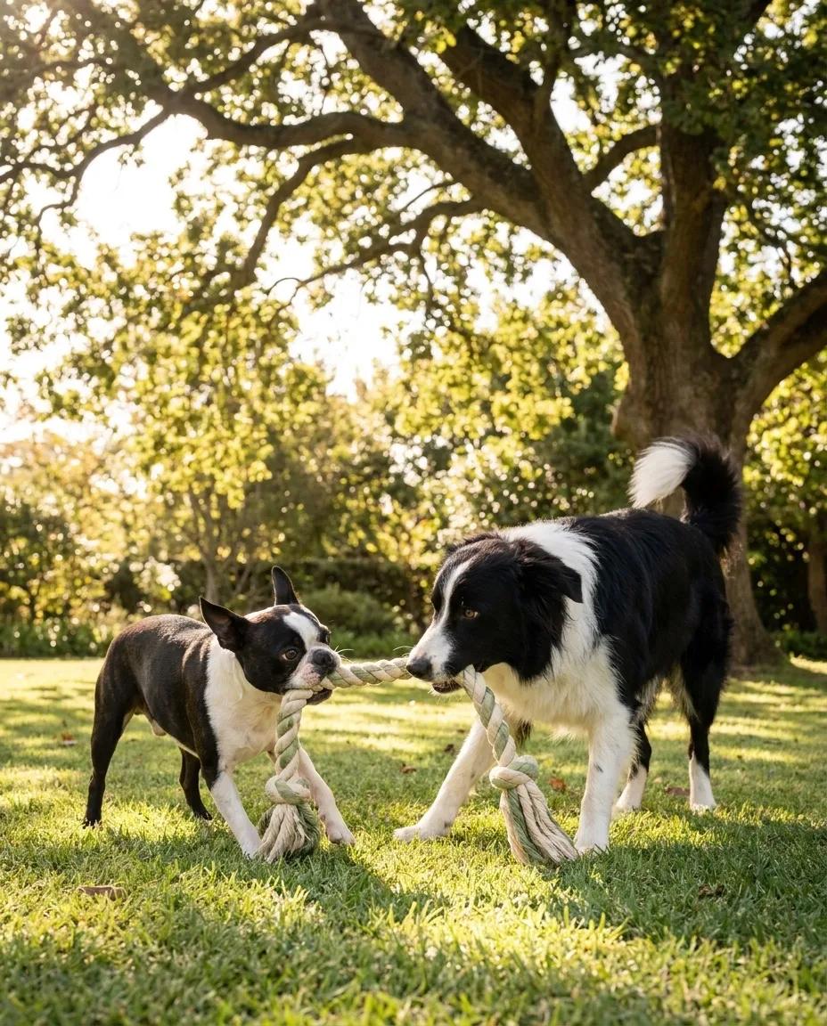 Two dogs playing tug with a rope toy