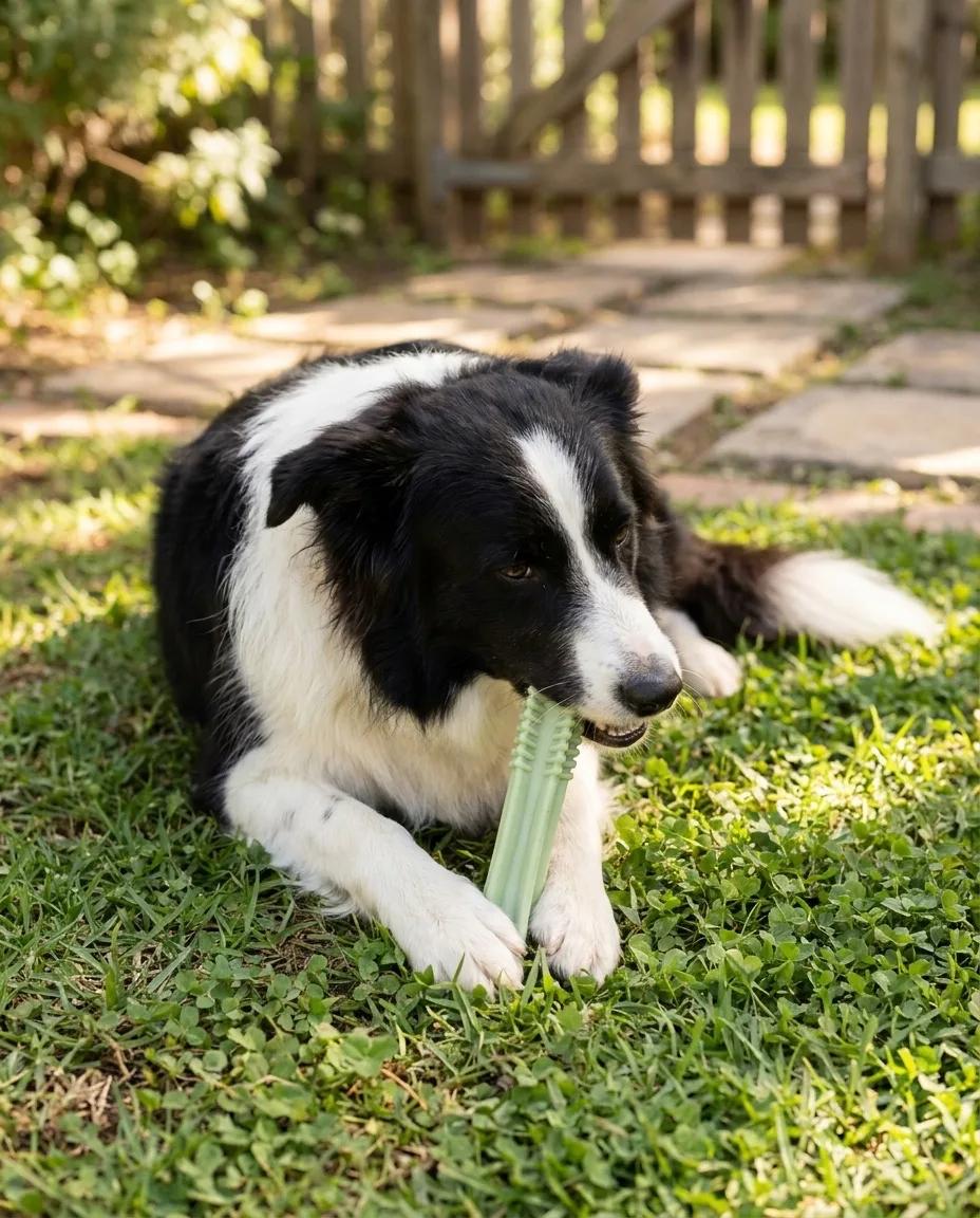 A border collie chewing a dental chew on the lawn