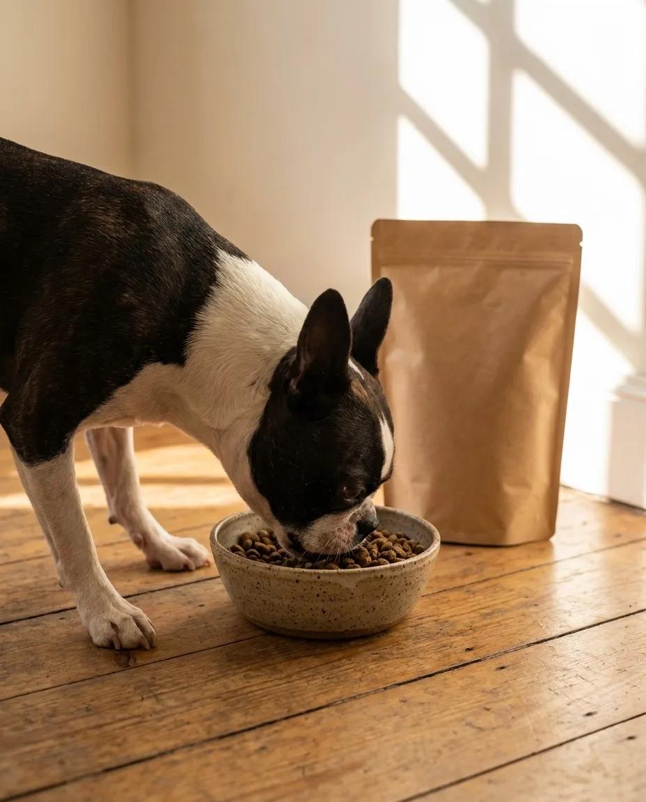 A Boston terrier eating kibble from a bowl