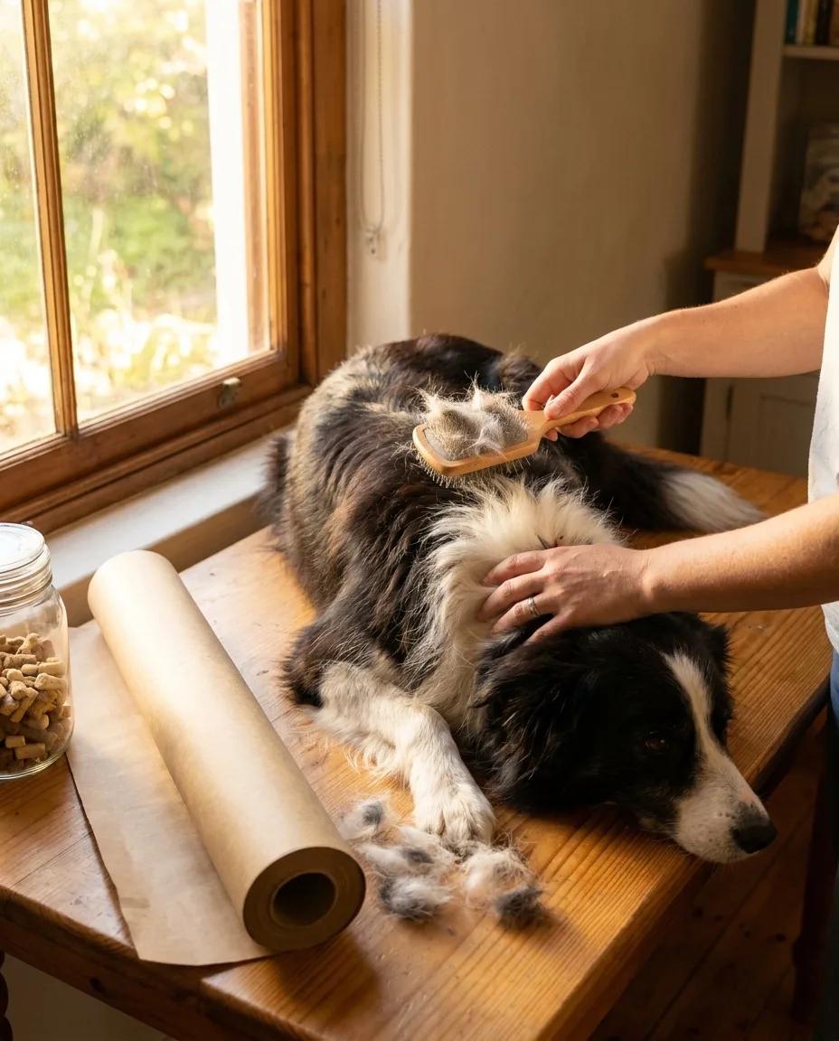 A border collie being brushed out