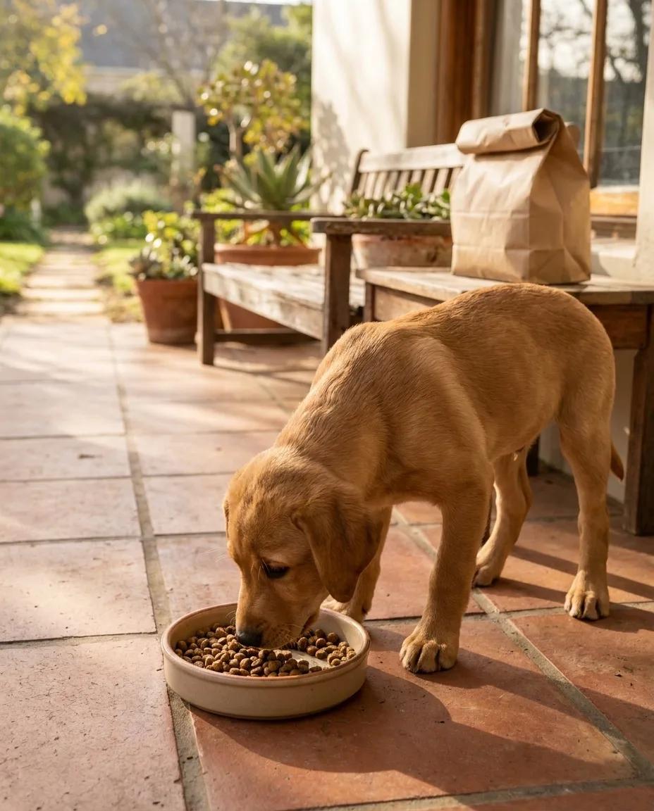A Labrador puppy eating from a low bowl