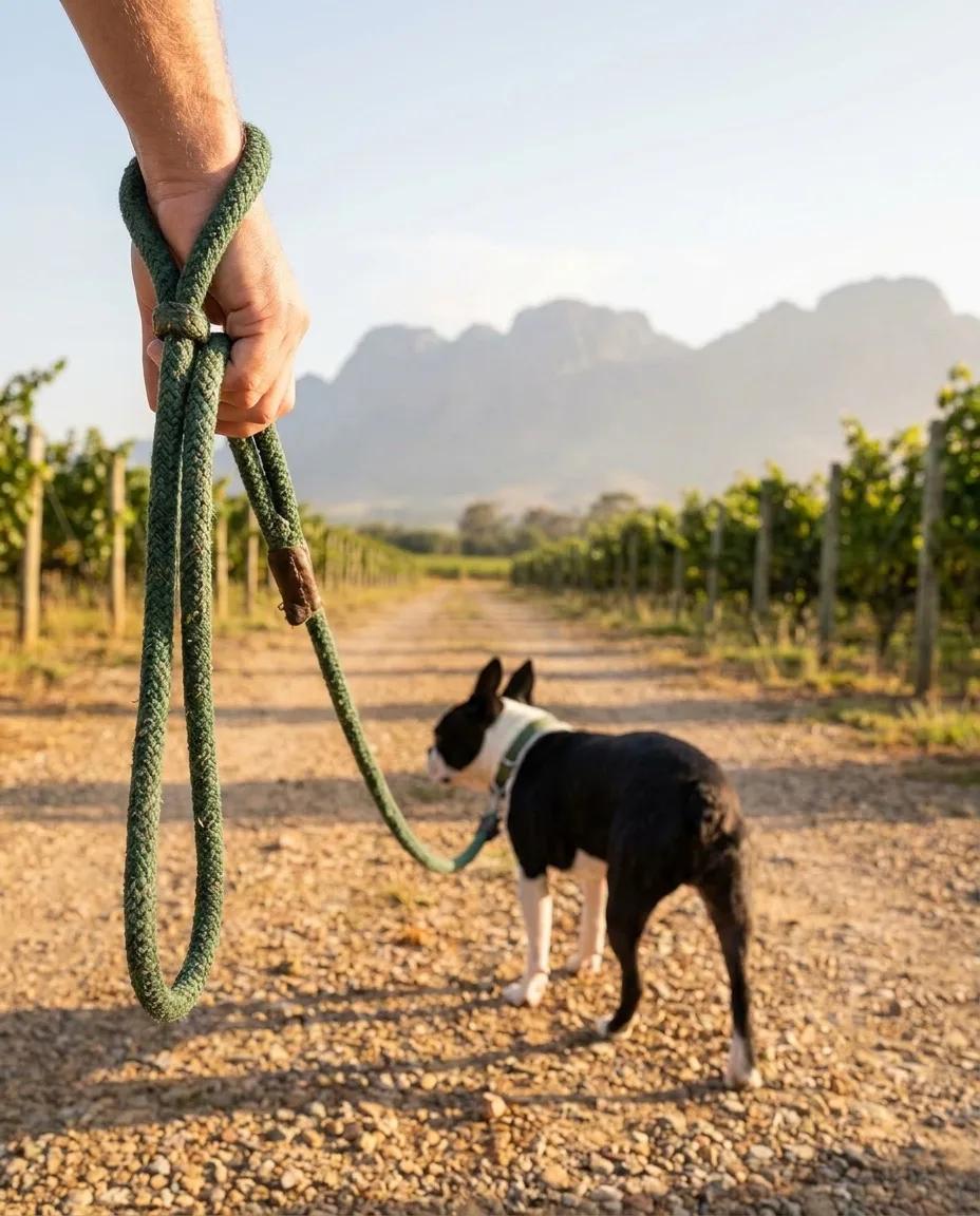 A Boston terrier on a green rope lead in the vineyards