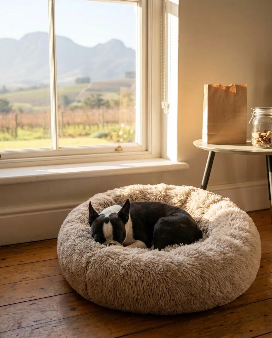 A Boston terrier asleep in a round bed