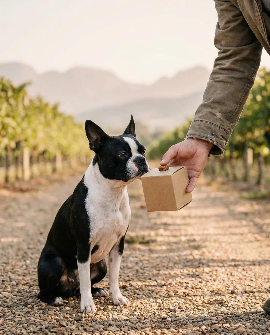 A Boston terrier taking a treat on a vineyard path