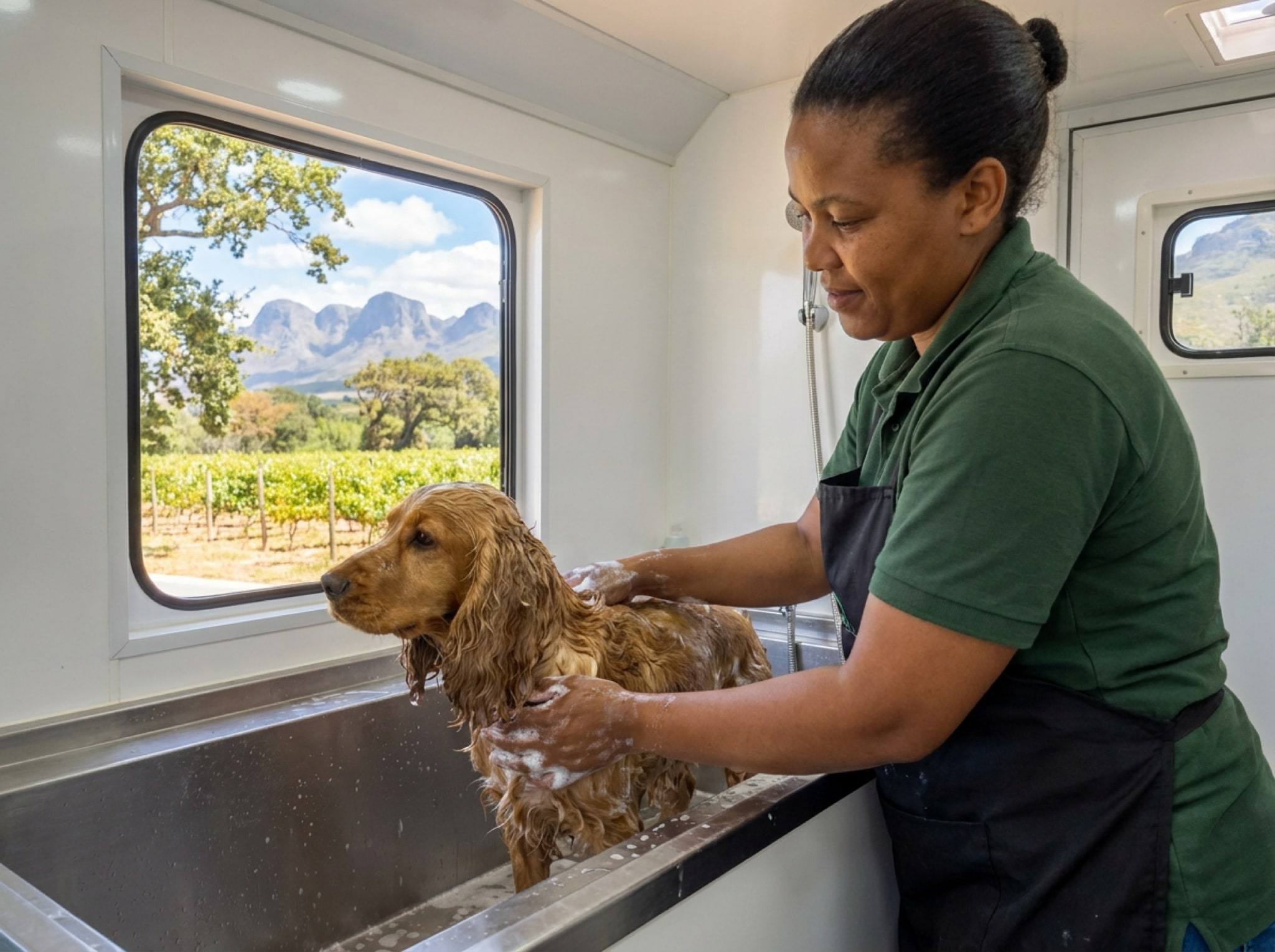 A spaniel in the bath inside the van