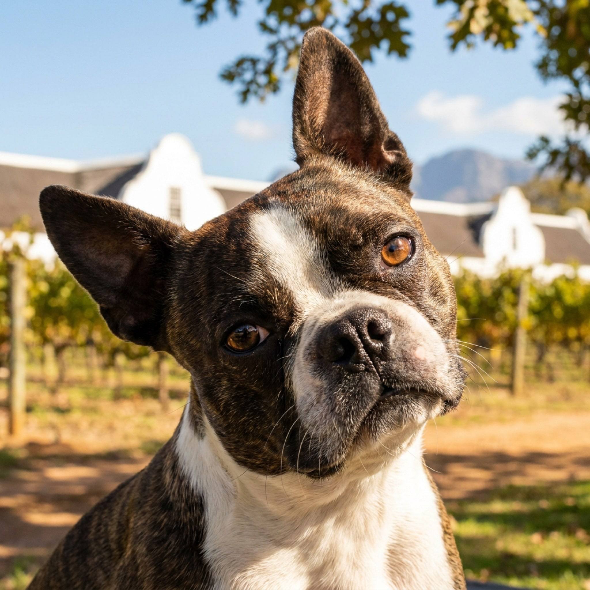 A Boston terrier looks into the camera, vineyards and a Cape Dutch house behind