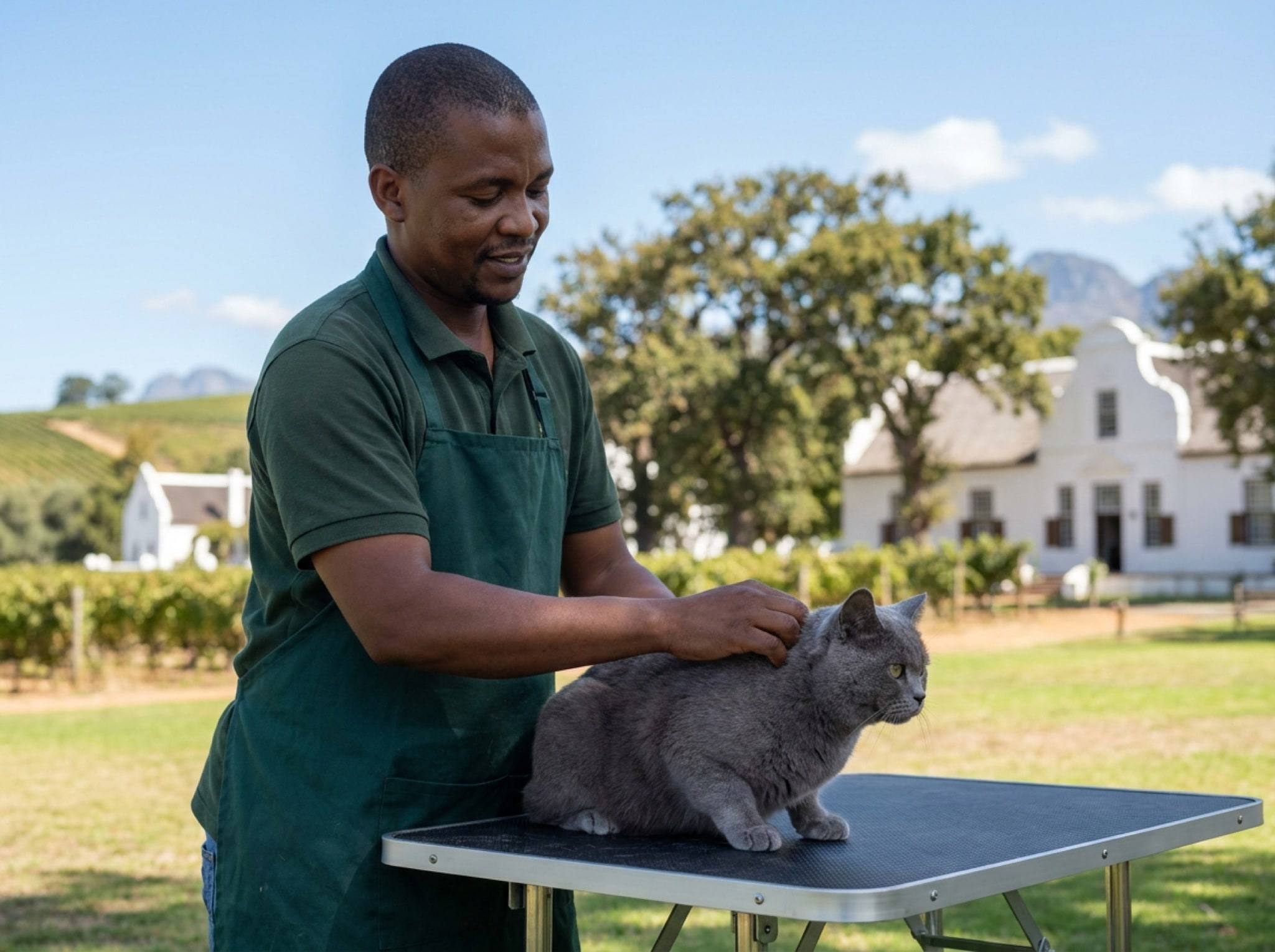 A groomer gently strokes a grey cat on a grooming table outside