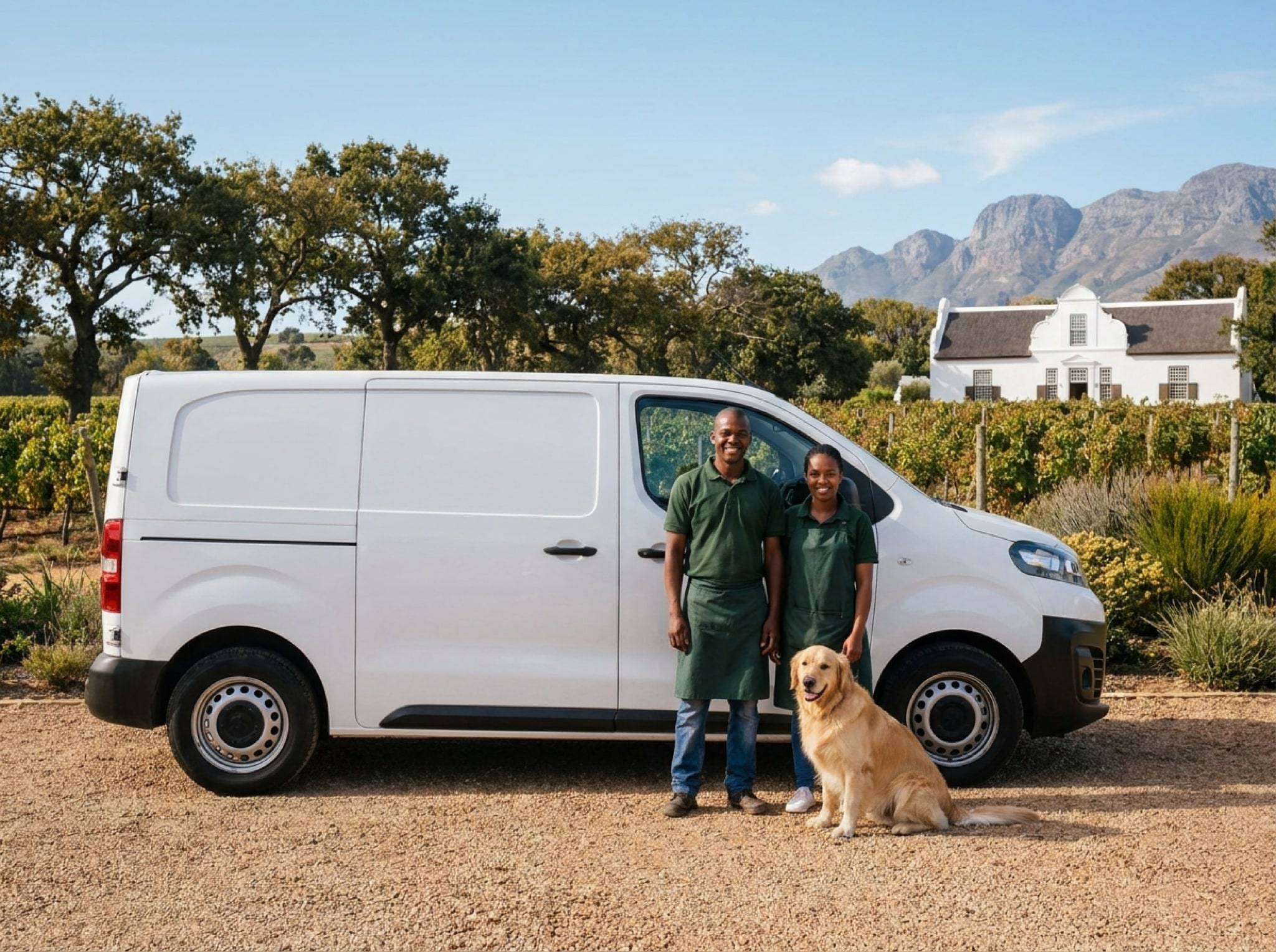 Two NogPets crew members and a golden retriever beside the white van, vineyards and mountains behind