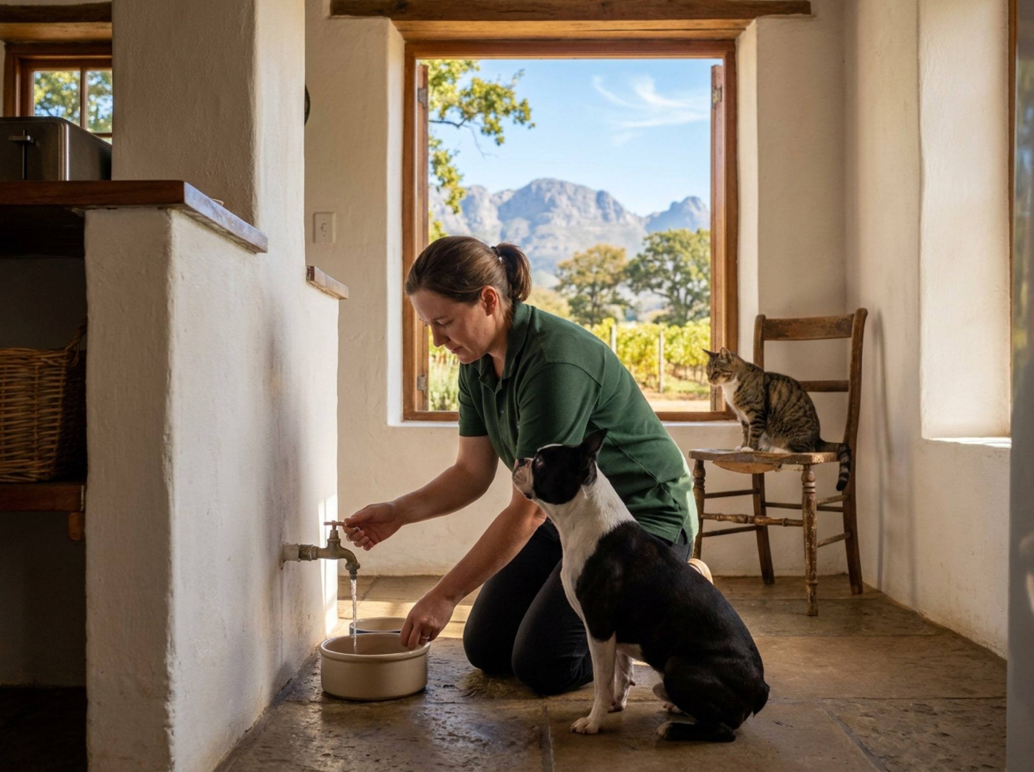 A NogPets sitter fills a water bowl for a Boston terrier in a farmhouse kitchen