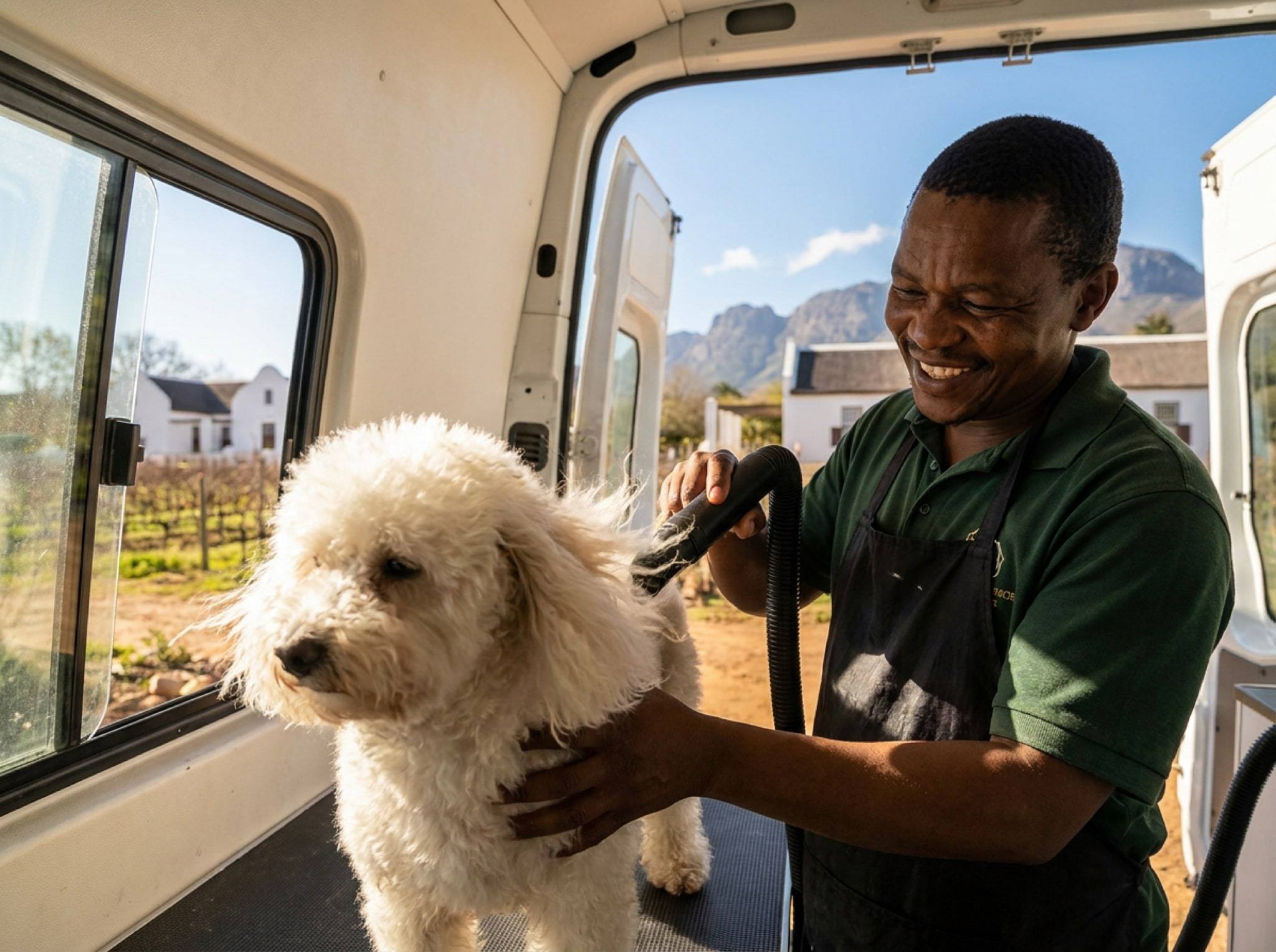 A groomer blow-dries a fluffy white dog inside the NogPets van