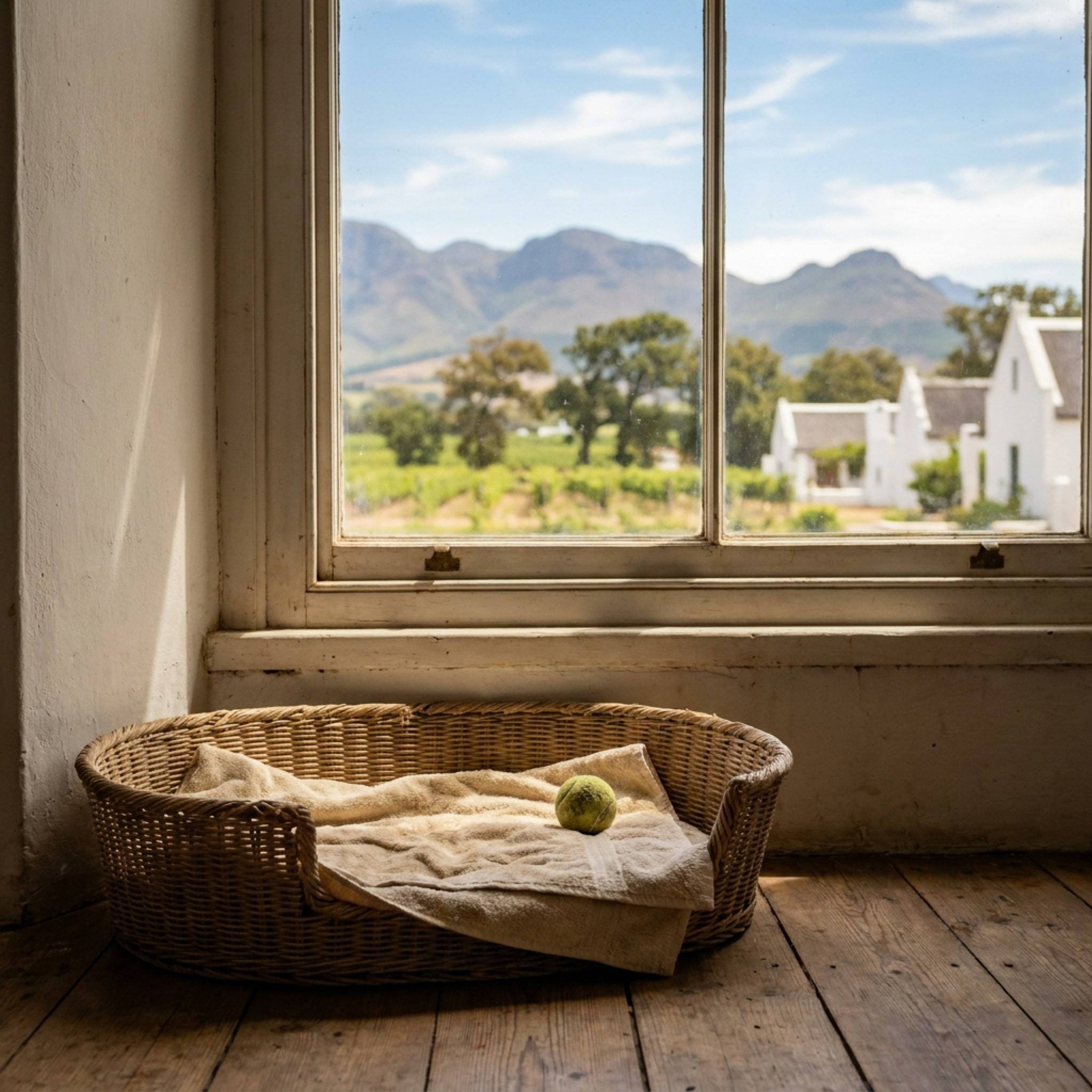An empty dog bed by a sunny window