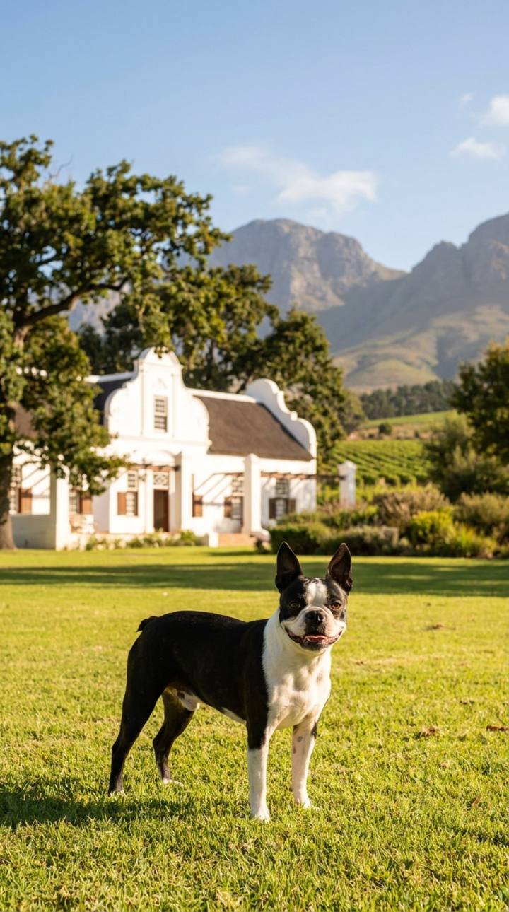 A NogPets groomer crouches beside a Boston terrier next to the open van, with the Stellenbosch mountains behind