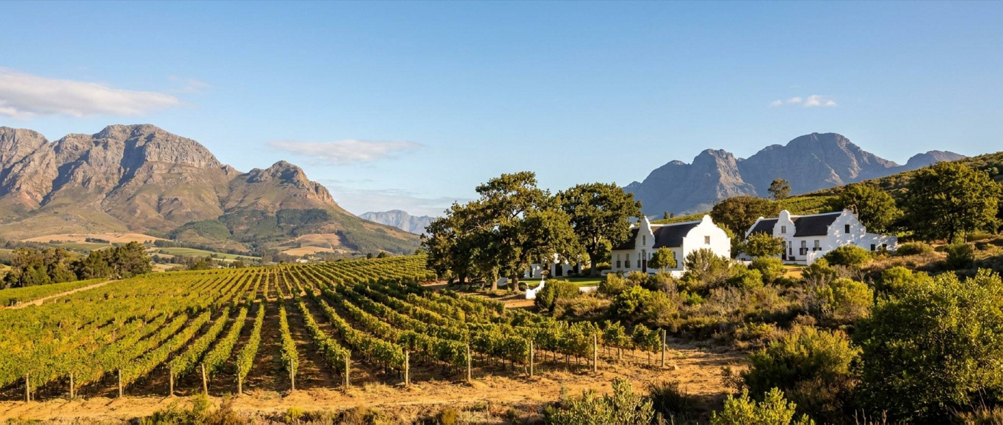 Vineyards and oak trees under the Stellenbosch mountains