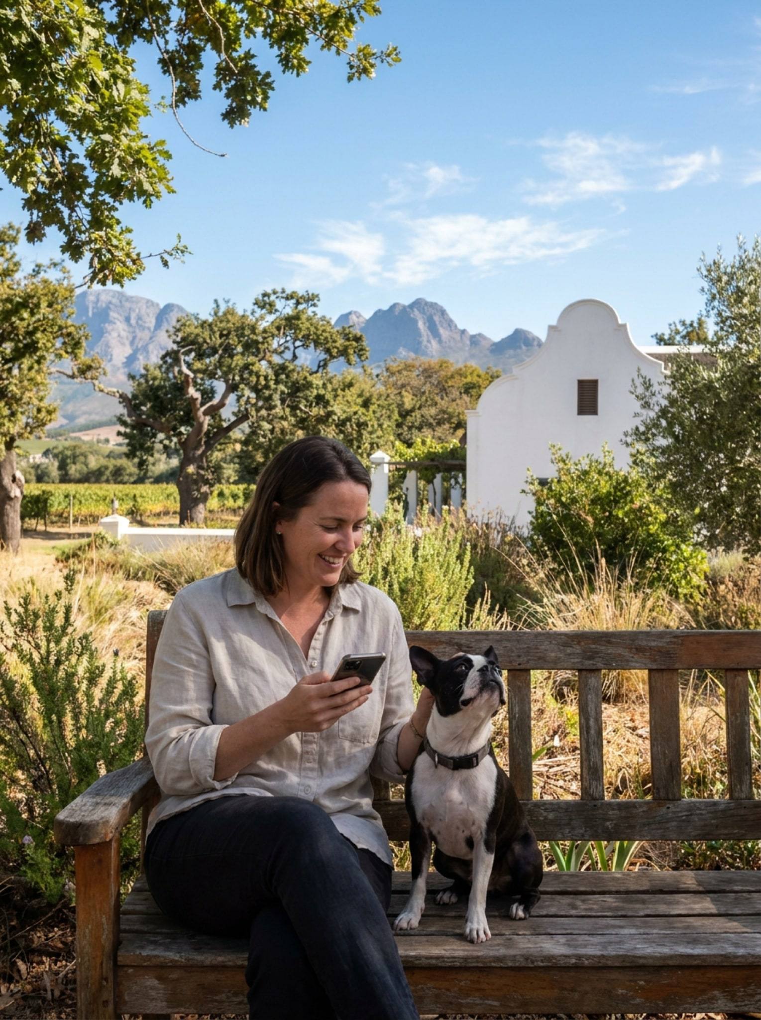A woman books on her phone on a bench with her Boston terrier