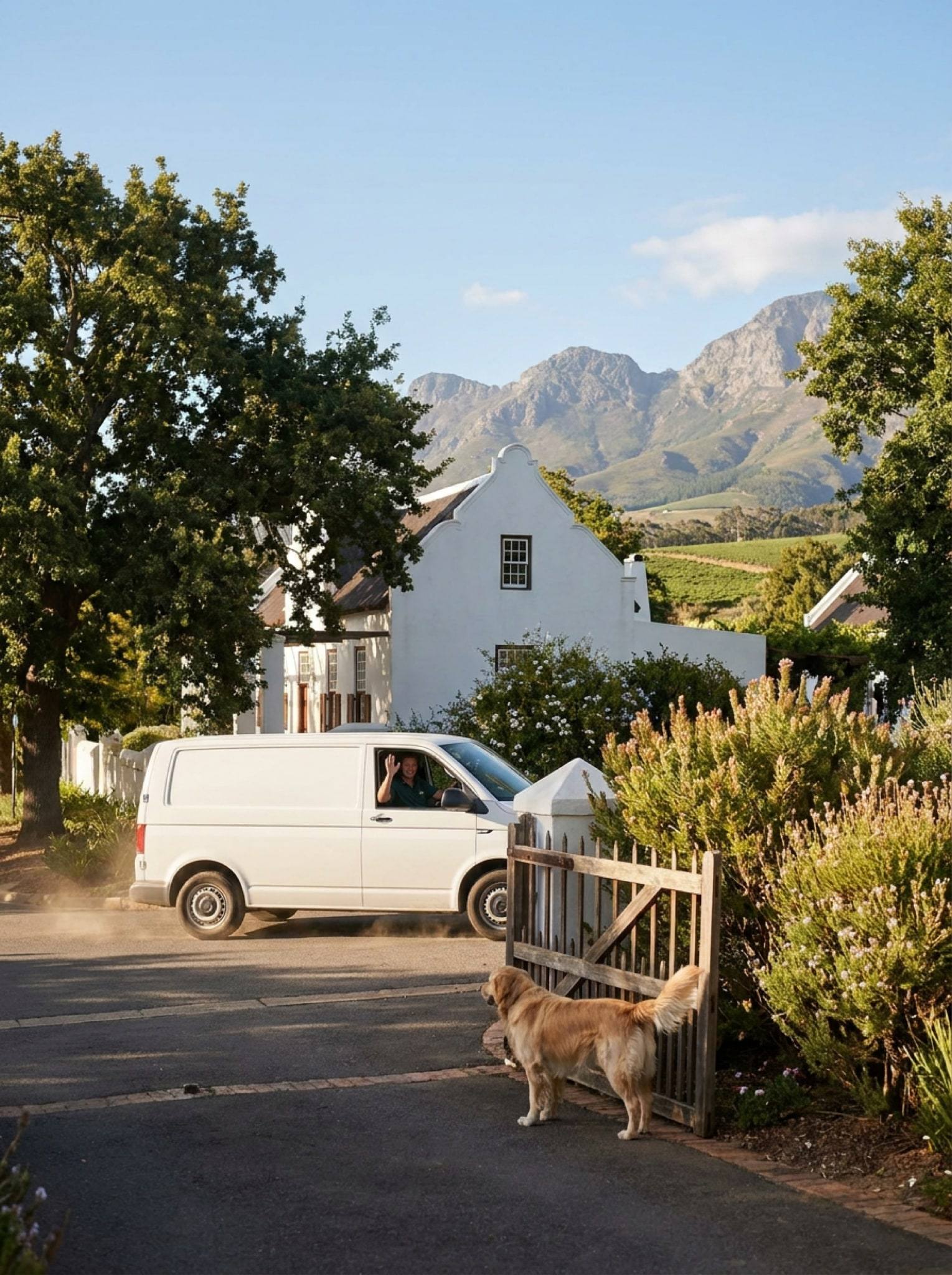 The NogPets van pulls up at a farm gate as a dog runs out