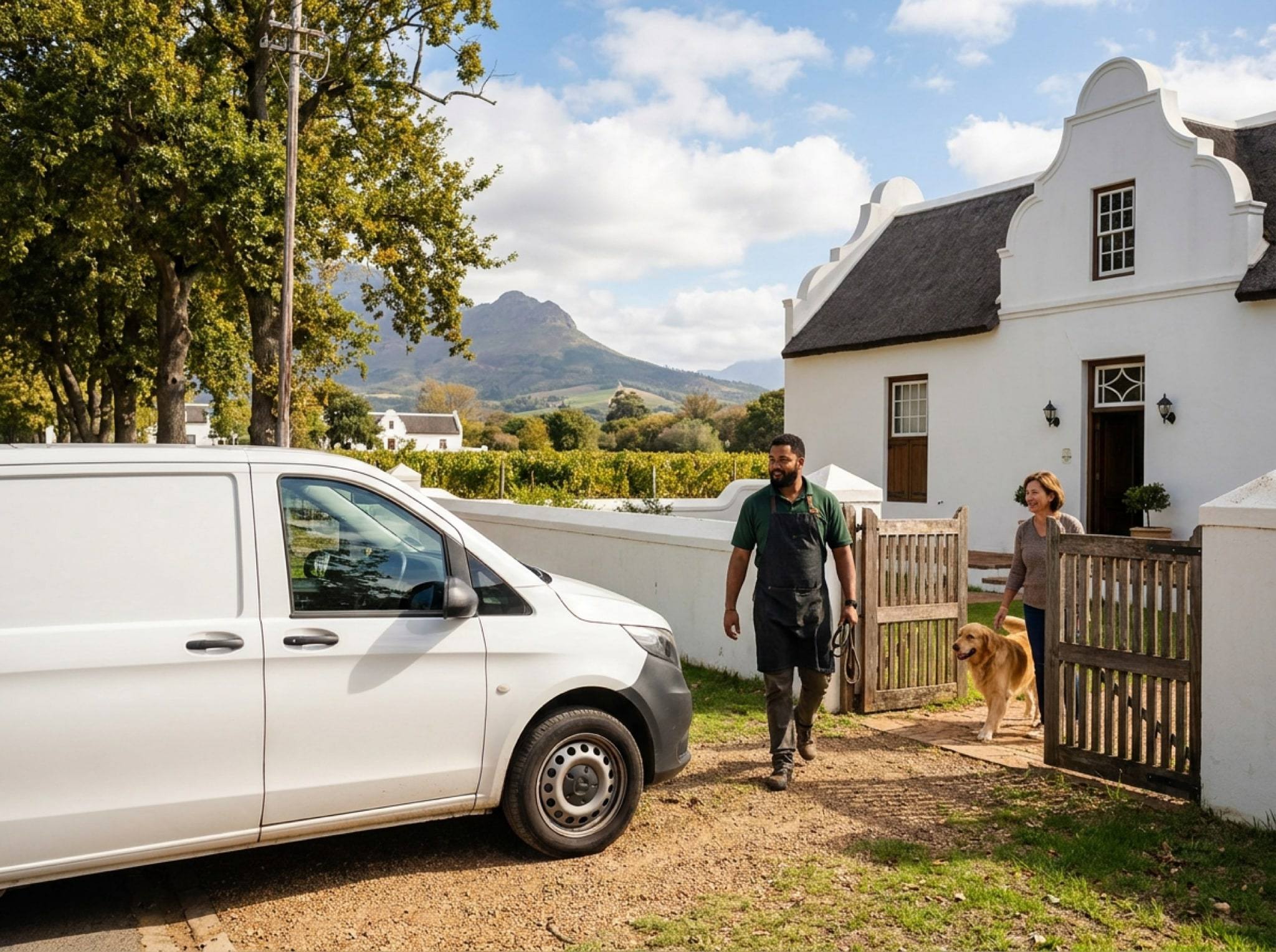 A NogPets groomer walks to the gate of a Cape Dutch house, the van parked outside