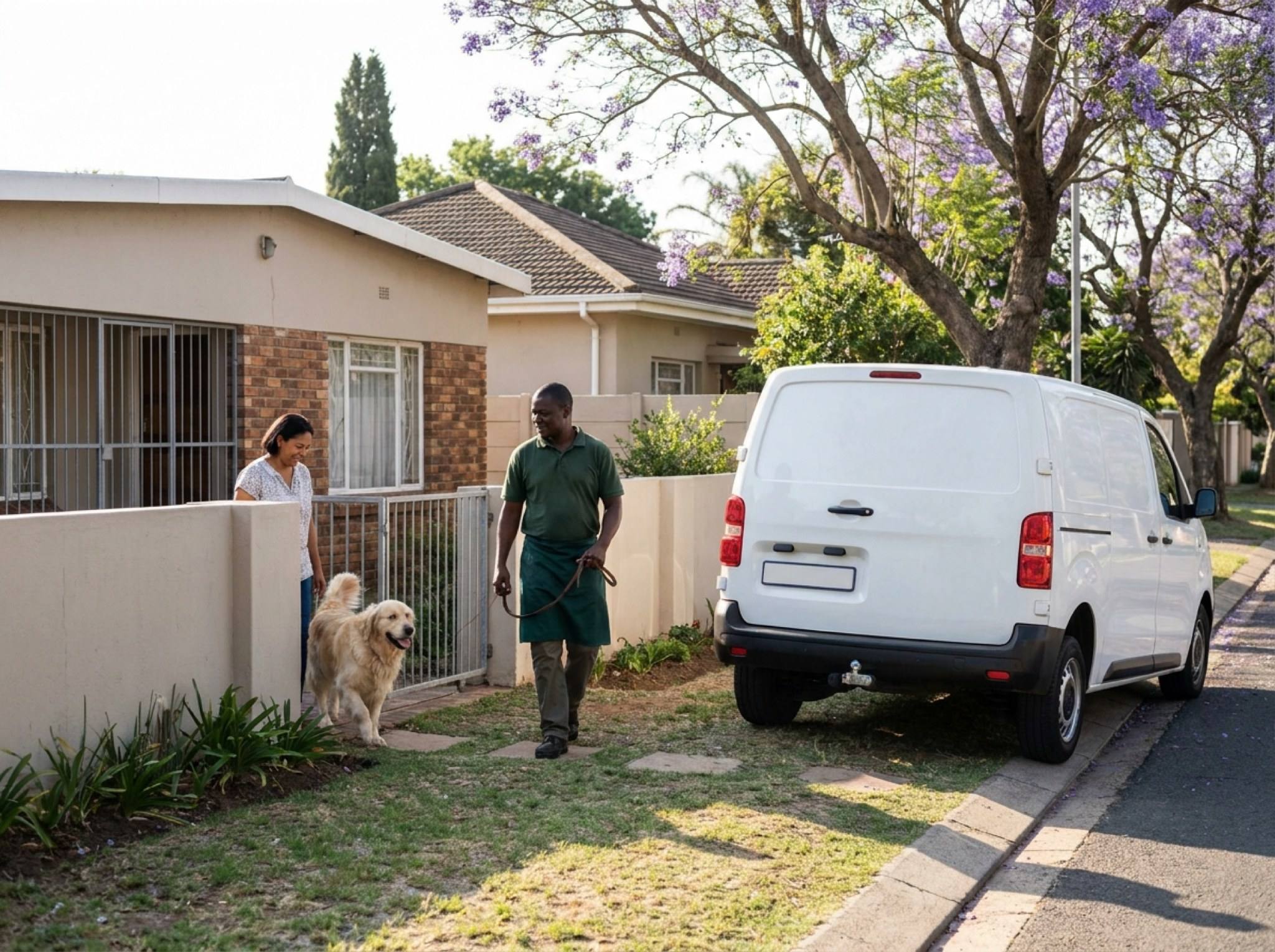 A NogPets grooming van parked at a client's front door