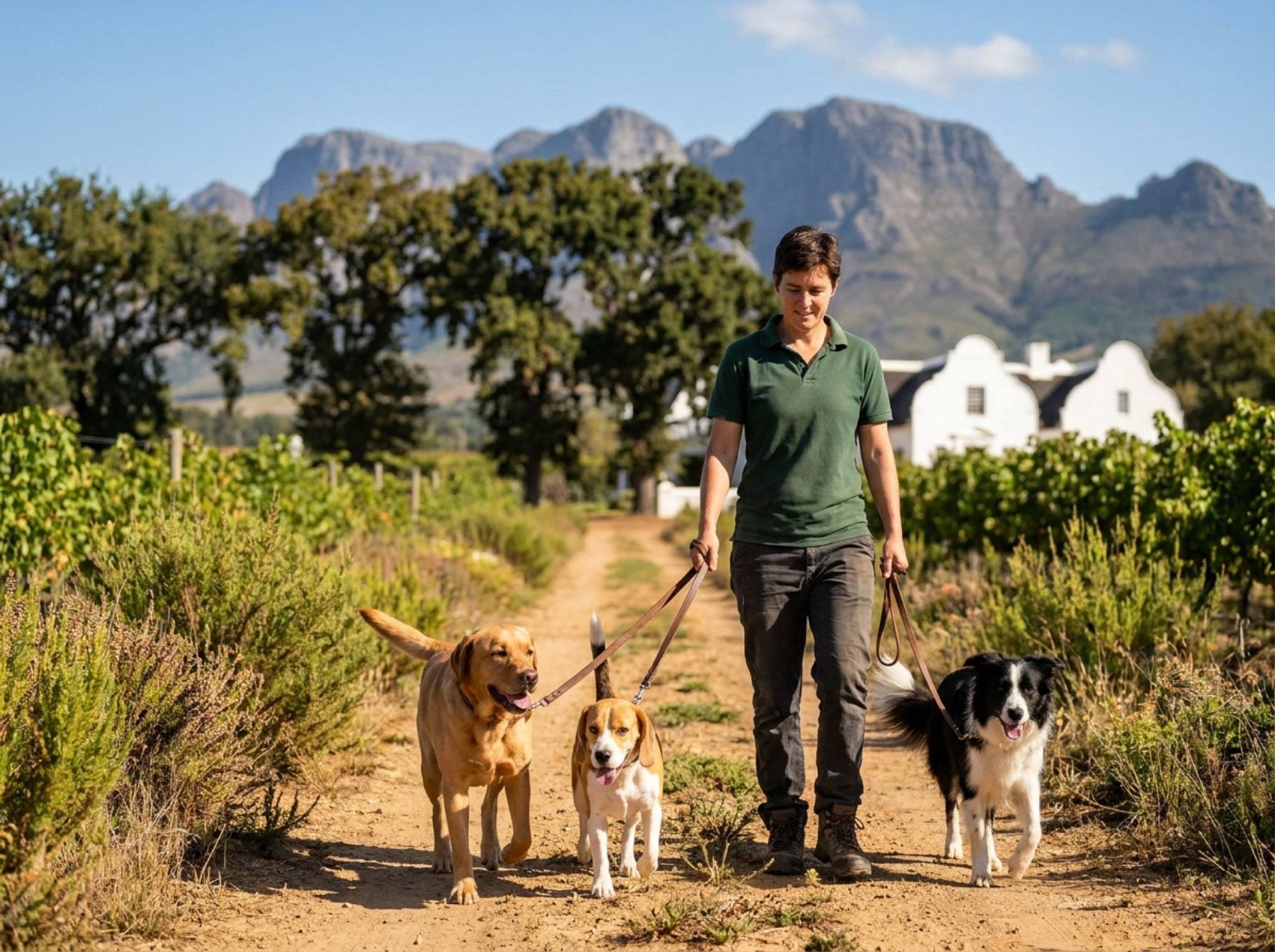 A NogPets walker with three dogs on a farm road between vineyards