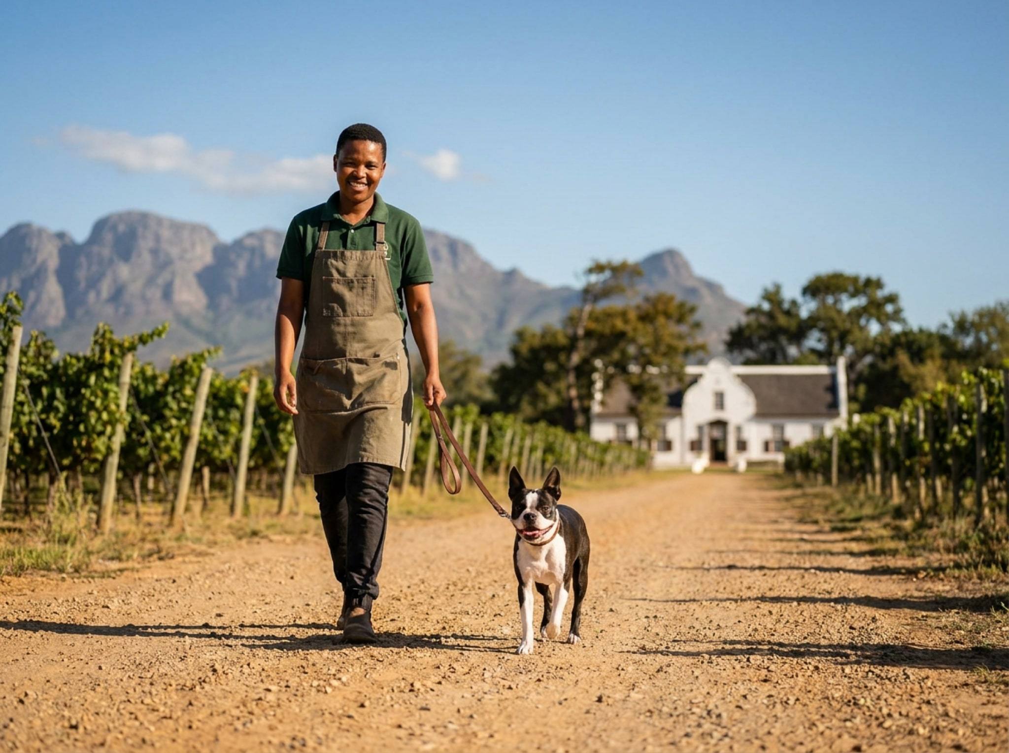 A walker and a Boston terrier on a vineyard road