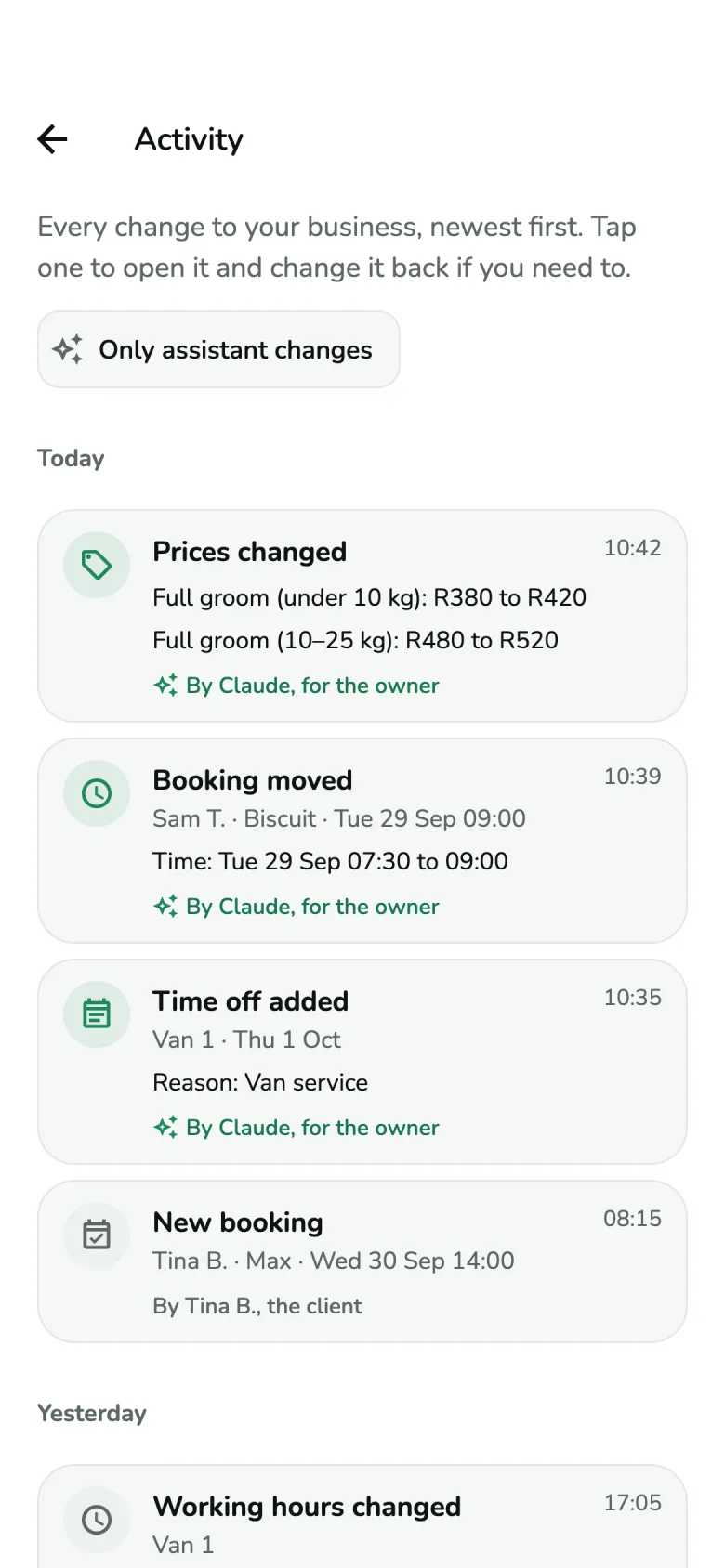 The Activity screen in the NogPets app. Claude changed two prices, moved a booking and added time off for Van 1. A client made a new booking.